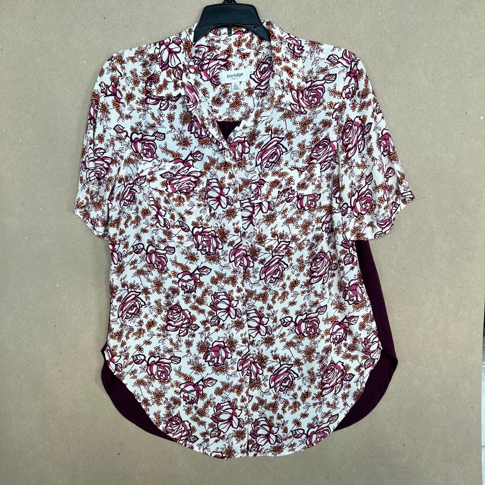 Anthropologie Porridge Cranberry Rose Button Up Knit Back Top Size M